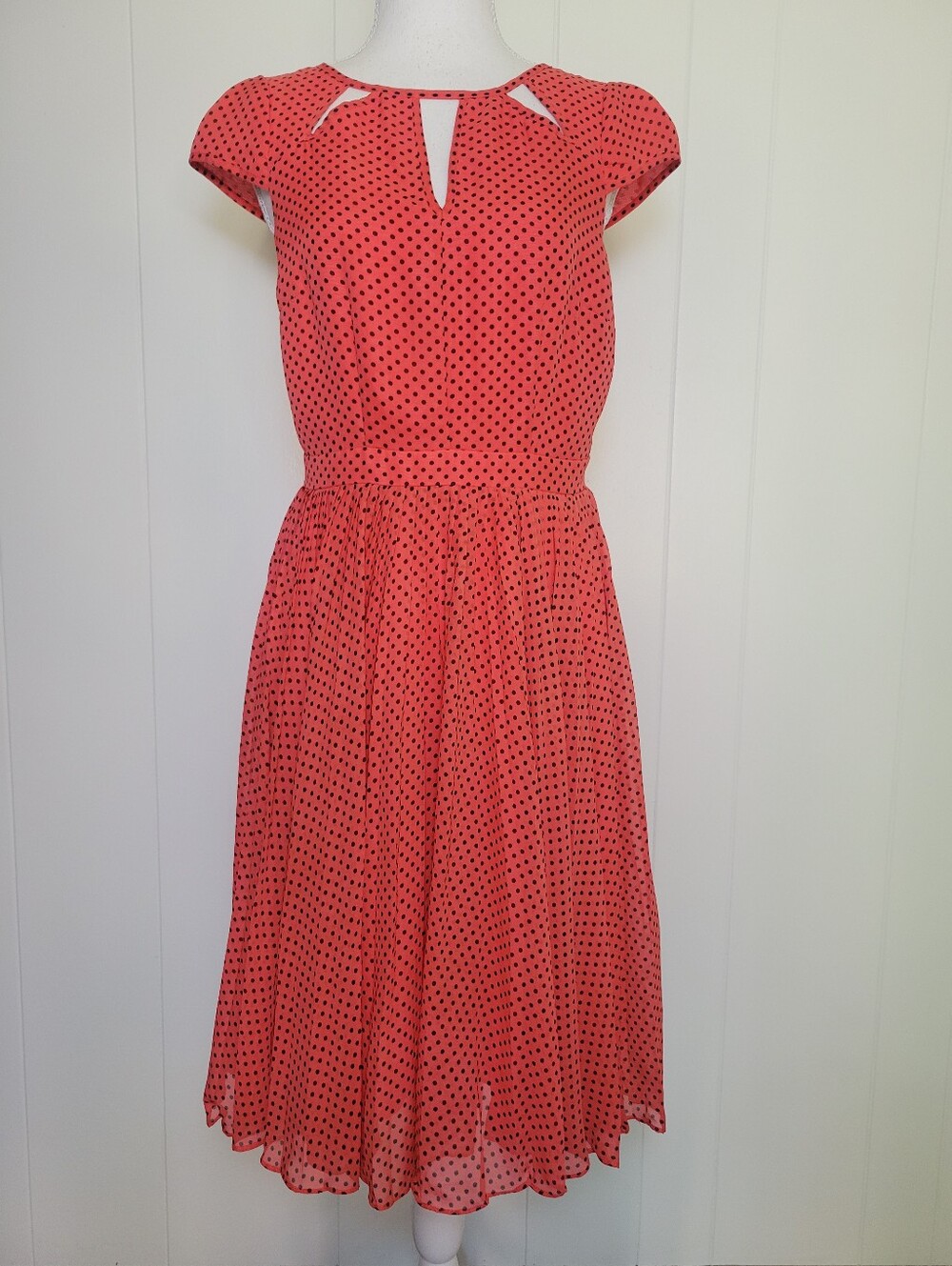 Adrianna Papell Polka Dot Dress Chiffon Cut Out Neckline Swing Cap Sleeve 4